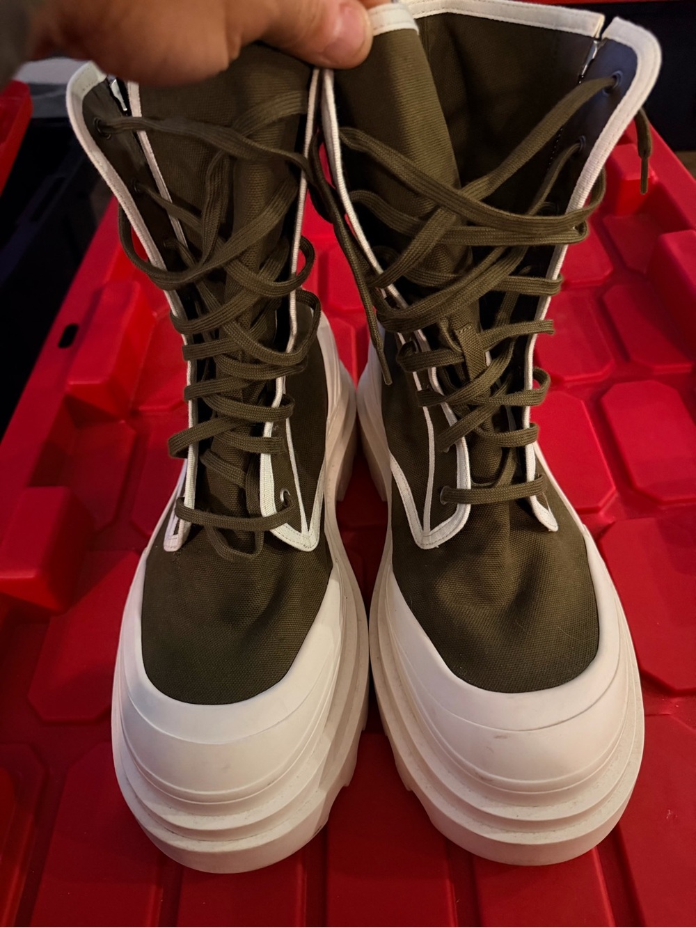 Bottega Veneta Men’s Olive Green High-Top Canvas Platform Boots